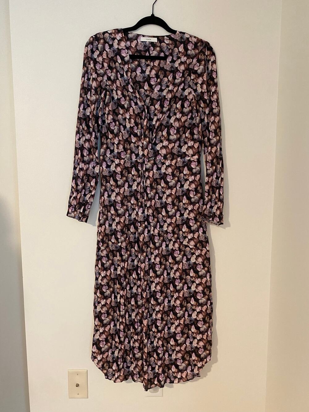 Vince $425 Micro Painted Floral Twist Drape Midi Dress Long Sleeve Pleated Pink